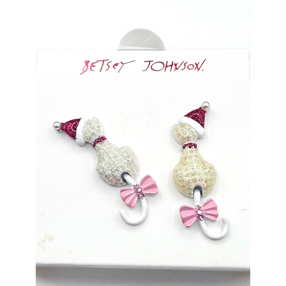 Betsey Johnson Holiday Christmas Santa Hat White Cat Drop Earrings *NEW* Boxed - Picture 2 of 4